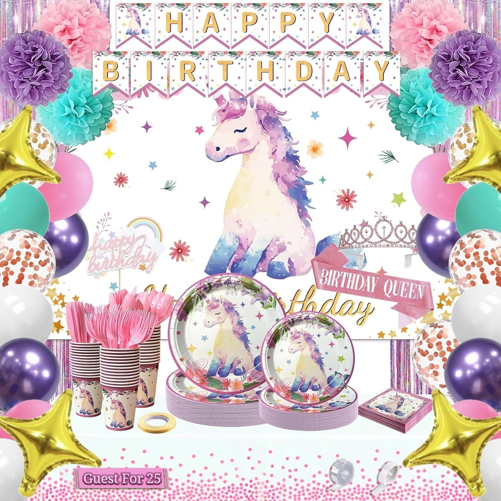 Unicorn Birthday Party Supplies Disposable Tableware Set - Multicolor